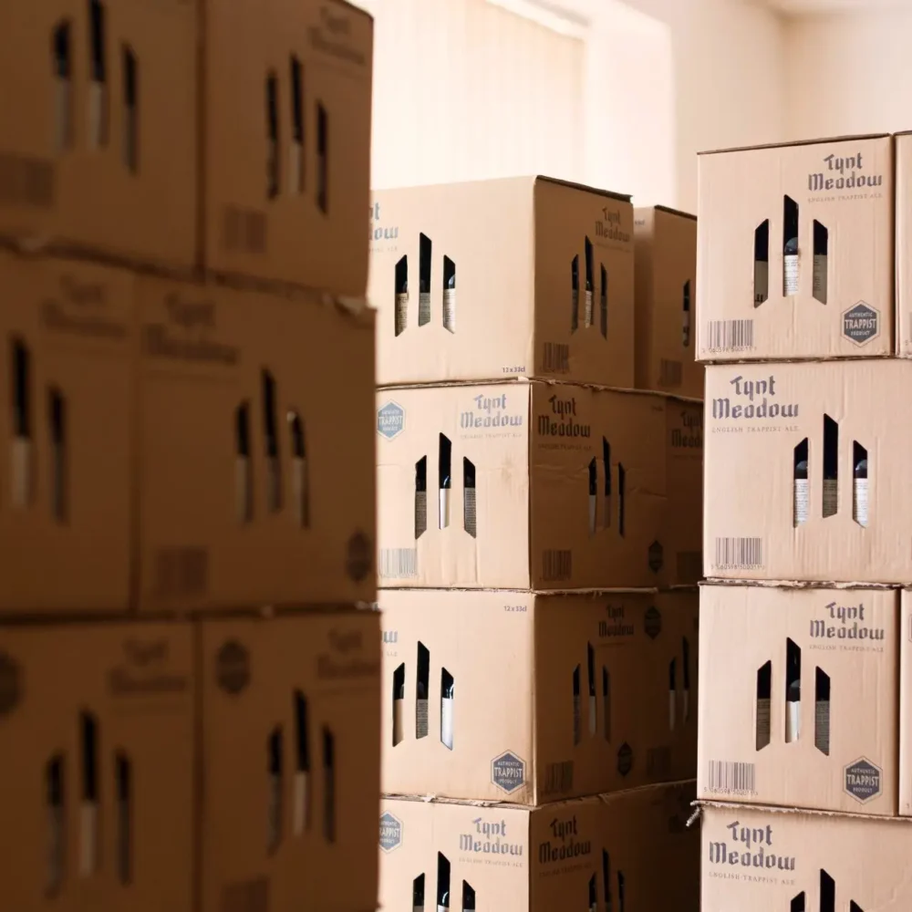 Tynt Meadow cases in brewery store room